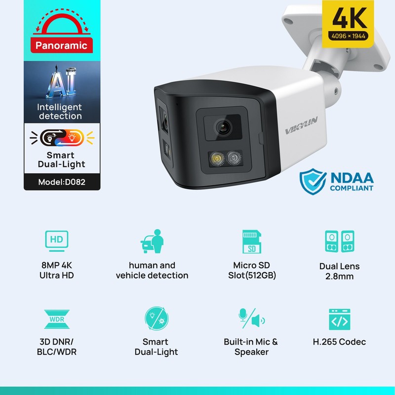 VIKYLIN Color+IR Dual lens 180 View 8MP 4K POE Camera Audio and Microphone Onvif gallery