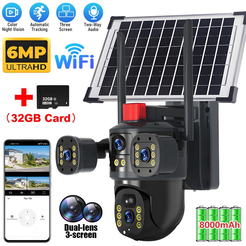 2 Lens Solar Battery Wireless Security Camera 360° PTZ Outdoor Wifi CCTV IP Cam