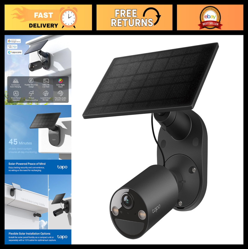 1080p Outdoor Wireless Solar Security Camera - Battery-Powered, Person Detection