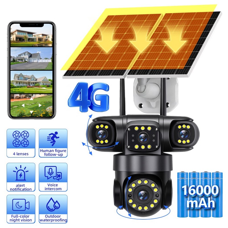16MP 4G SIM Solar Battery Powered Outdoor Pan/Tilt Home Security Camera System