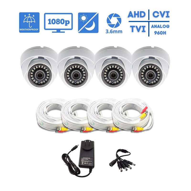 4 Full HD 1080p Dome Security Camera with BNC 100ft Cables Power Supply CCTV Kit