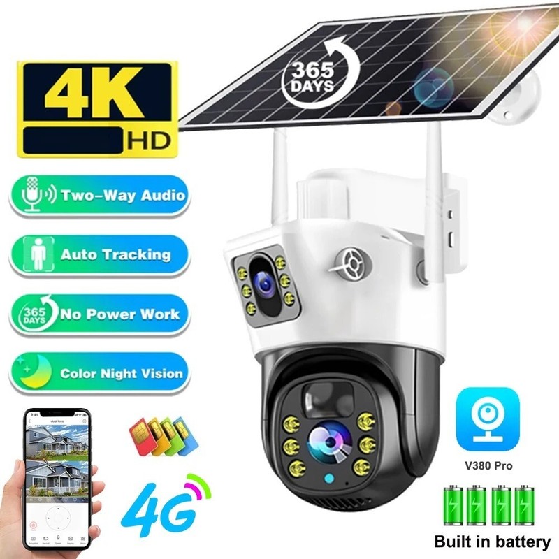 Solar Dual Cameras 4K HD Night Vision 2 Way Audio Monitor CCTV With Solar Panel