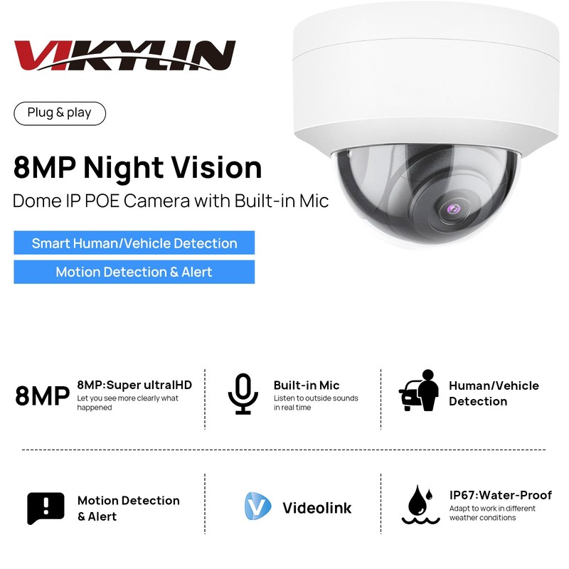 VIKYLIN MINI Dome POE IR30M 8MP 4K Security CAMERA MIC Outdoor/indoor ONVIF Lot gallery
