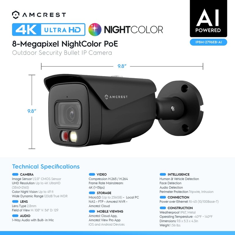 Amcrest UltraHD 4K (8MP) IP PoE AI Camera FOV 129° 49ft Color Nightvision gallery