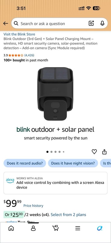 Blink Outdoor 3rd Gen Solar Charging Mount HD Alexa Black