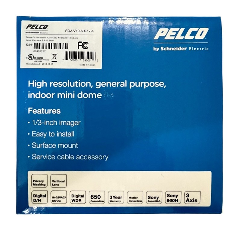 Pelco Schneider Electric FD2-V10-6A Rev A High Res Indoor Mini Dome Camera