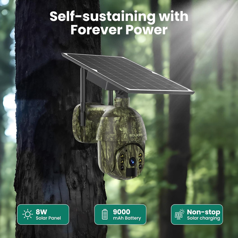 S600 4G LTE Solar Security Camera, 360° Pan Tilt, 2K Night Vision, Camo gallery