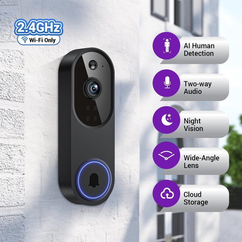 1080p Smart Wi-Fi Doorbell Camera with Doorbell Receiver, AI Motion Detection... gallery