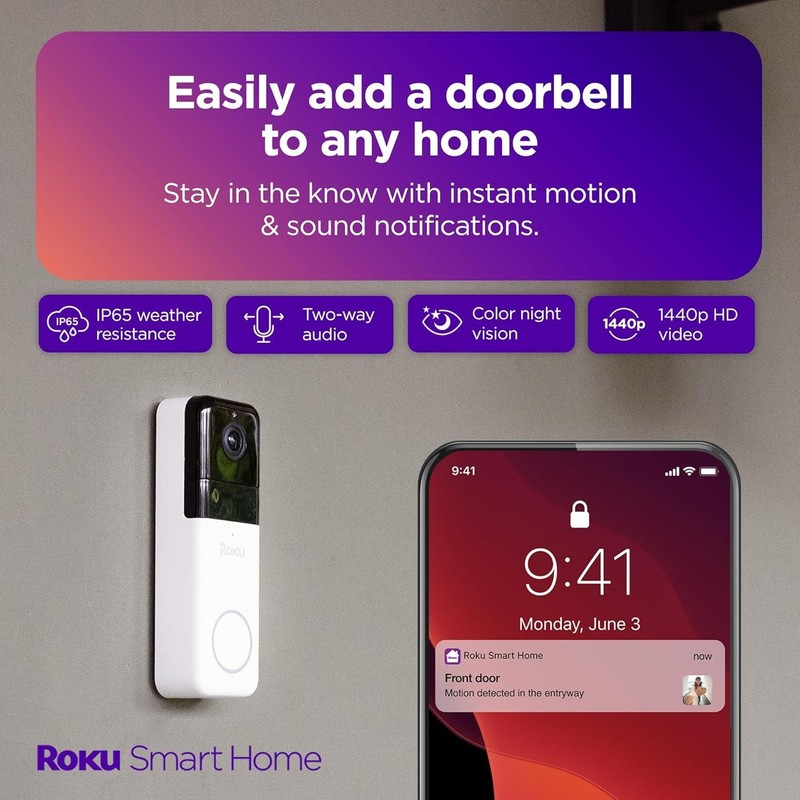 Roku Smart Home Wireless Video Doorbell Camera 1440p HD Night Vision Chime gallery
