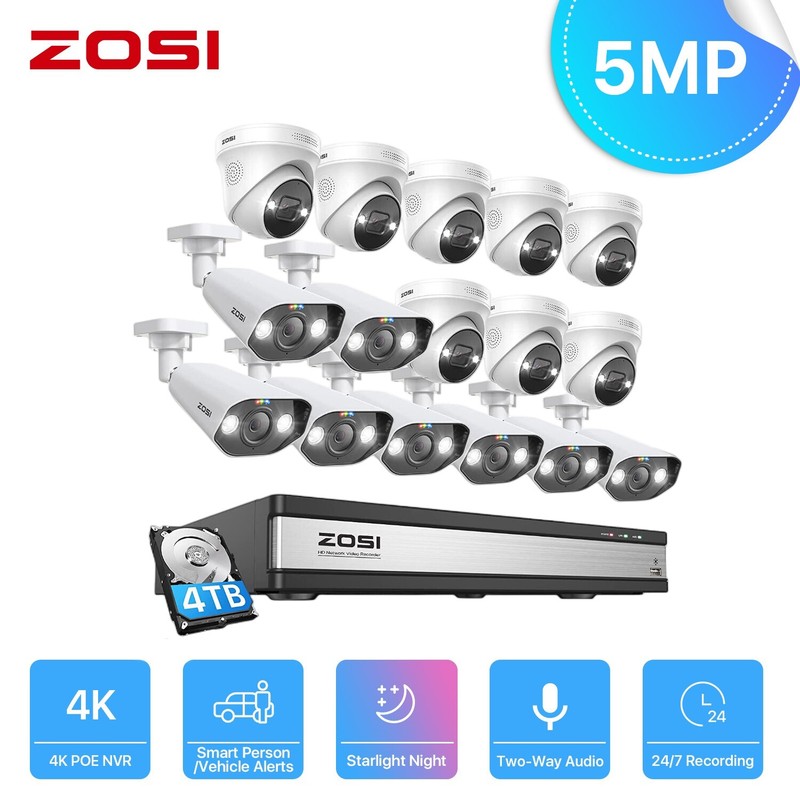 ZOSI 8CH/16CH 4K NVR 5MP POE Security Camera System AI Human Car Detect IR Audio
