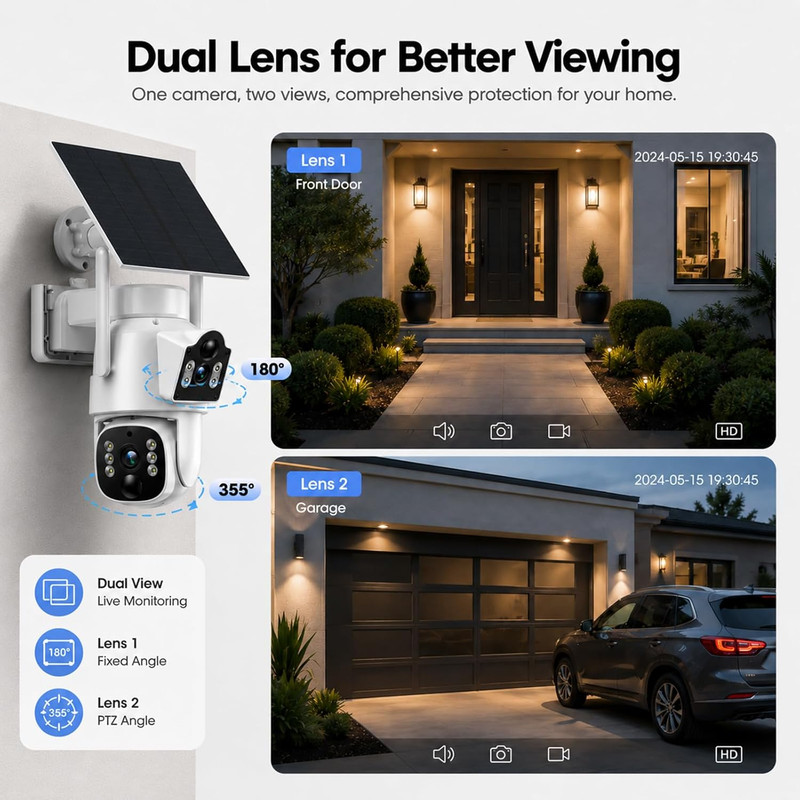 Solar Security Cameras Wireless Outdoor, 4-Camera System with 8-Screen View, Dua gallery