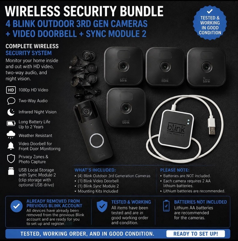 Blink Outdoor 3rd Gen (4) HD Video Security Cameras + Video Doorbell+ Sync Mod 2