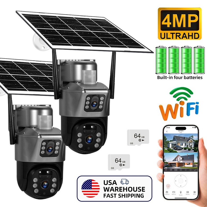 2PCS WIFI Solar Battery Outdoor 4MP Wireless Security Camera 2-Way Audio w/ 64GB