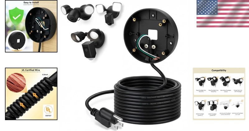 Reliable 30ft/9M Power Cord for Floodlight Cameras - Easy Installation, Black gallery