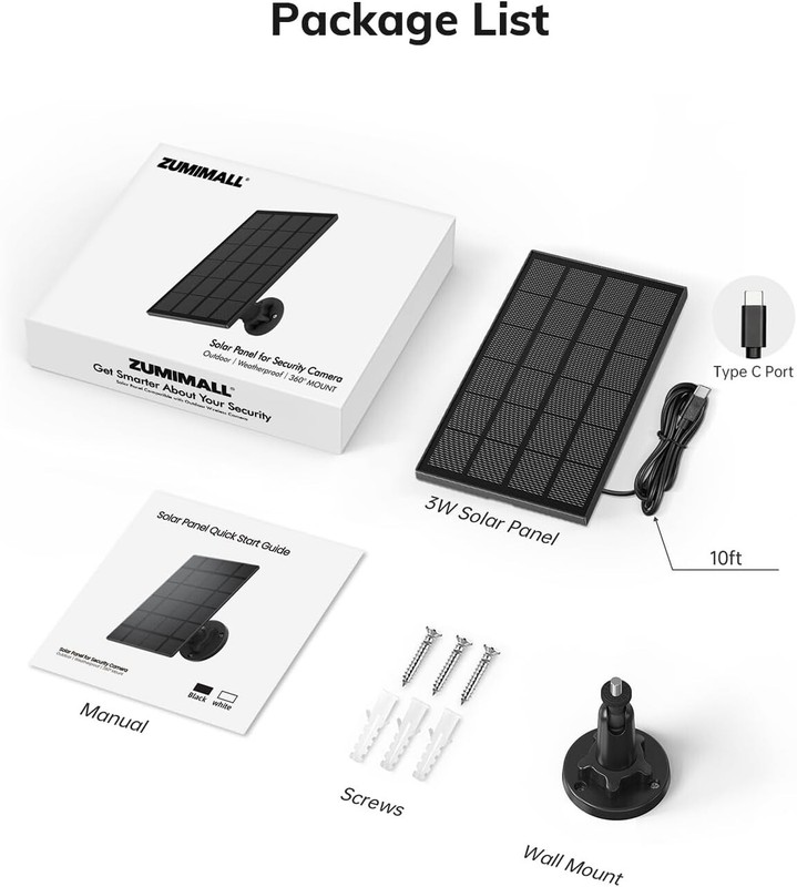 ZUMIMALL 3W Waterproof Solar Panel for Wireless Security Cameras (Type C Port) gallery