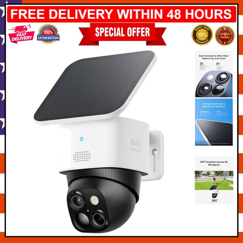 SoloCam S340 Solar Security Camera – 360° Pan & Tilt, 3K Dual-Camera, No Fees