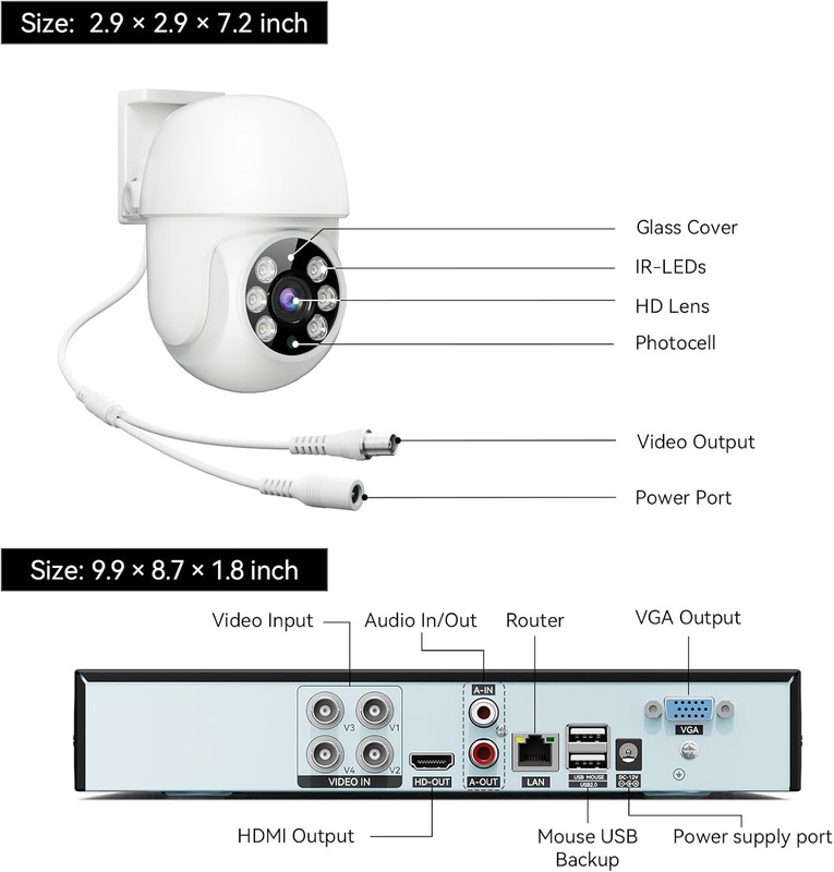 Wired Security Camera System Outdoor, 4Pcs Pan/Tilt CCTV Cameras and 4CH 5MP Lit gallery