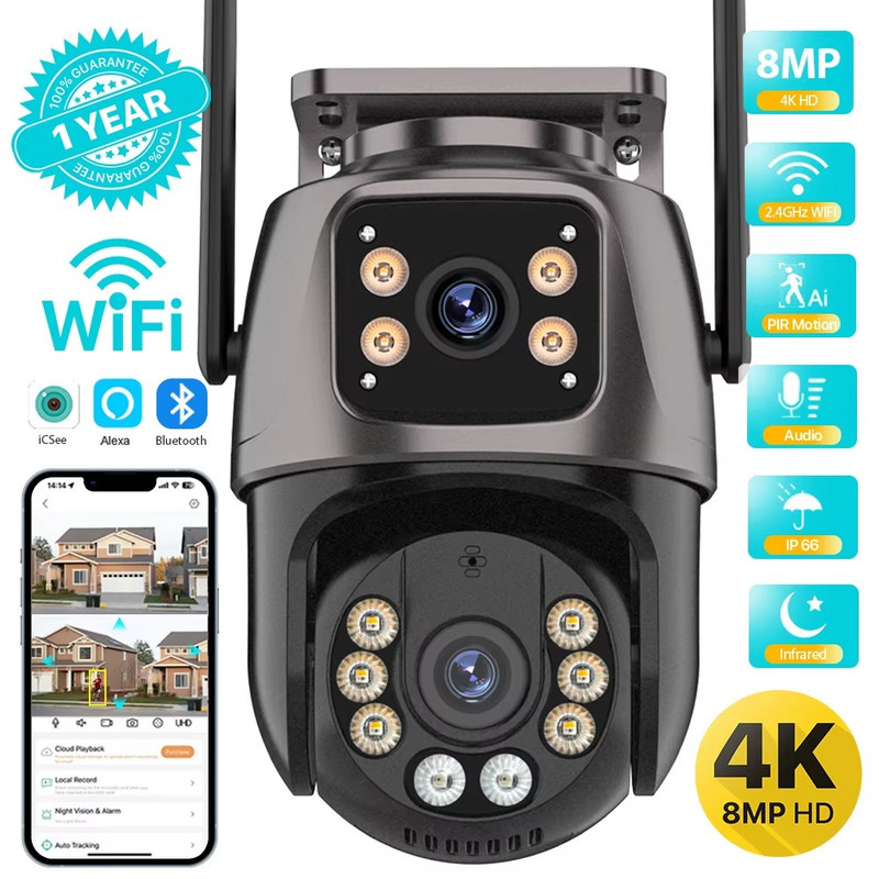 8MP WiFi PTZ Outdoor Camera Dual Lens AI Auto Tracking 128GB iCSee