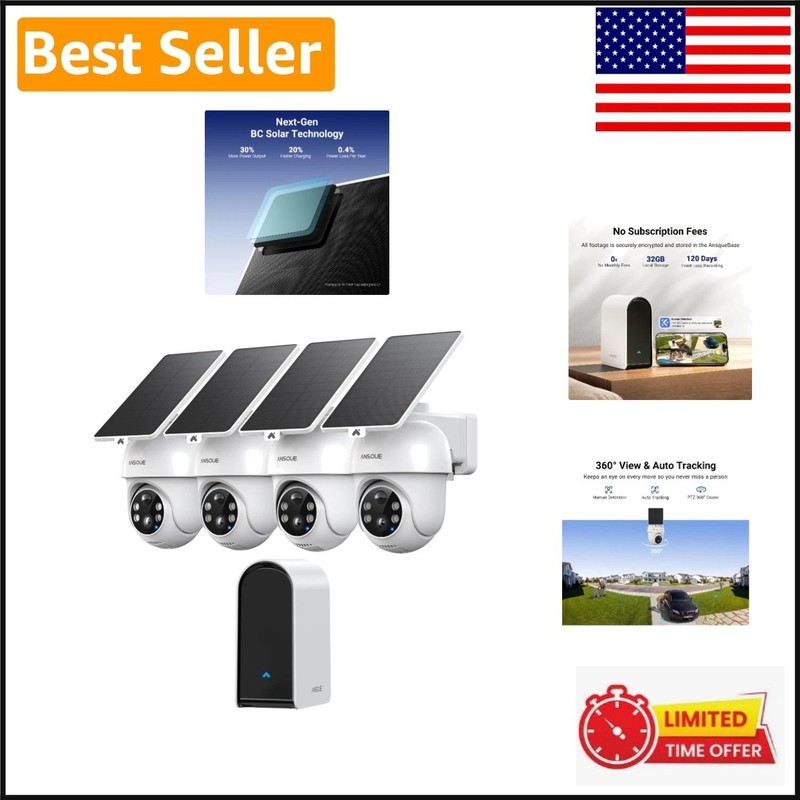 4-Camera Wireless Security System – 360° PTZ, Solar Powered, 2K Night Vision