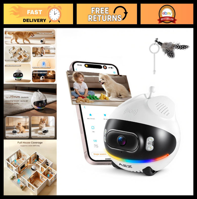 1080P Dual Lens Robot Camera on Wheels, Indoor Security Cam with Night Vision &