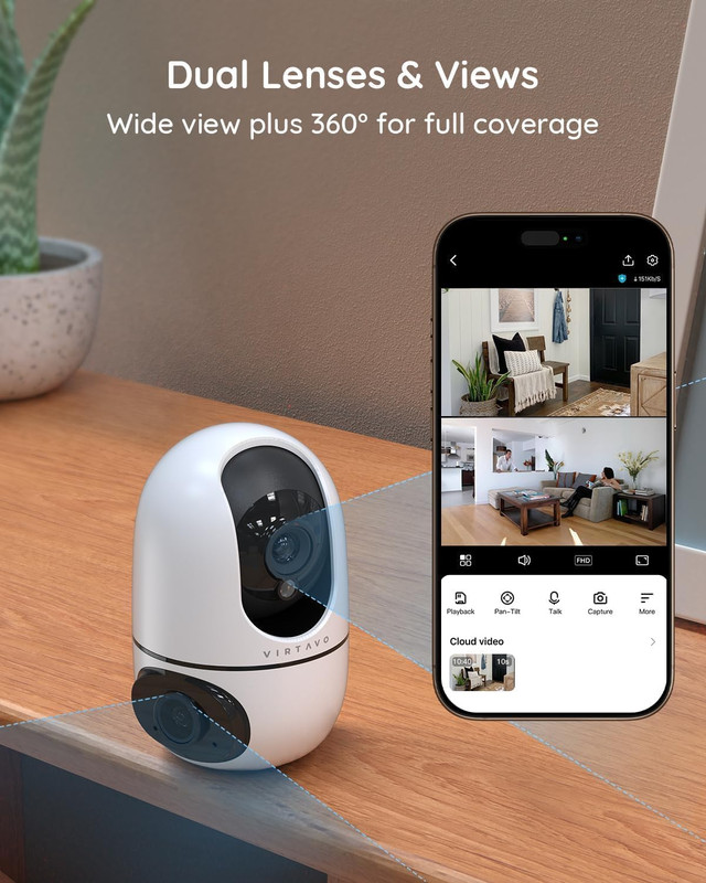 XD1 Indoor Security Wifi Camera, No Subscription Required, Dual-Lens 360° PTZ Ba gallery