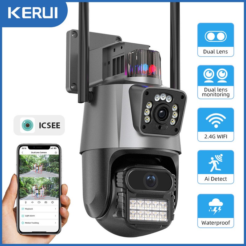 ICSee Dual Lens WiFi IP Camera Wireless Outdoor CCTV PTZ Home Security IR Cam