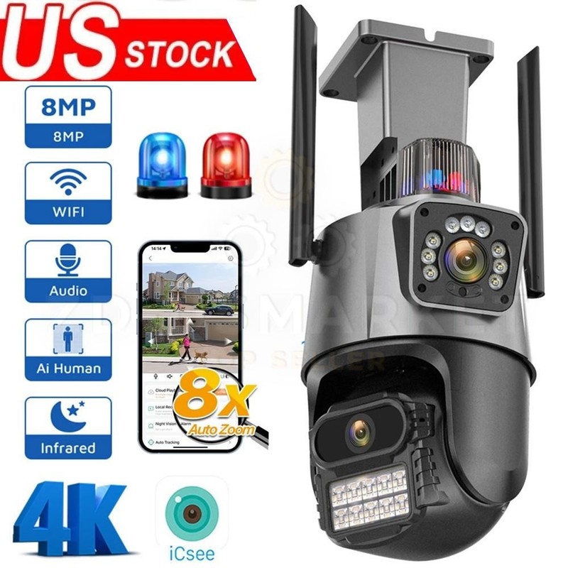Dual Lens 4K WiFi Security Camera 8X Zoom Outdoor Home Night Vision CCTV PTZ
