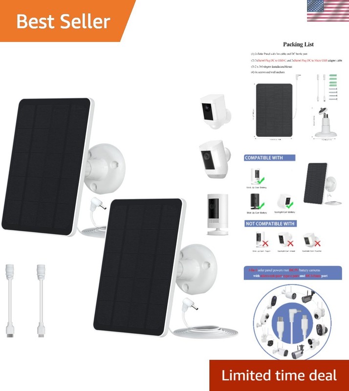 5W Solar Panels for Security Cameras – Waterproof, 2-Pack with 9.8 Ft Cable