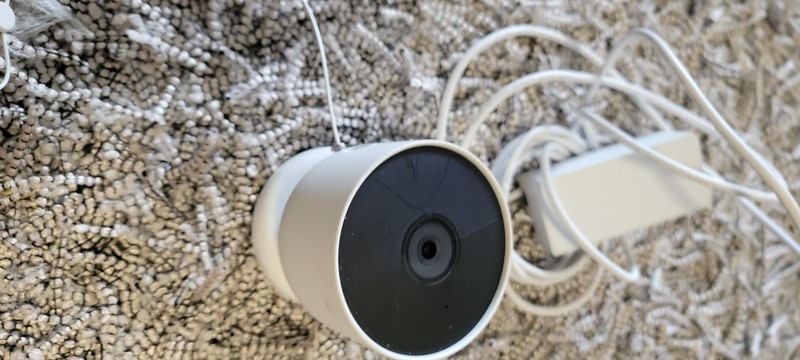 Nest Cam (indoor, wired) in the “Fog” color, model GA03178-US.
