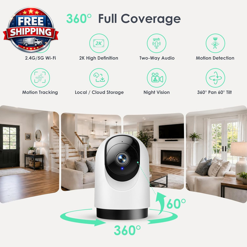 Indoor Security Camera, 2.4/5Ghz, 2K 360° Wi-Fi Baby Monitor & Pet Camera W/Moti gallery