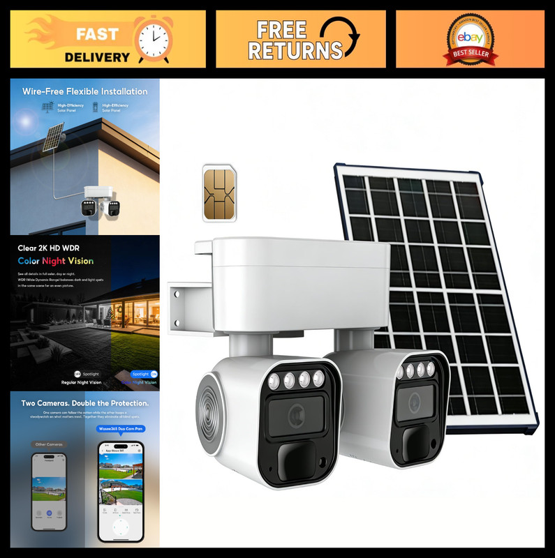 4G LTE Solar Outdoor Security Camera, No WiFi, Dual Lens 360° View, 2K Night Vis
