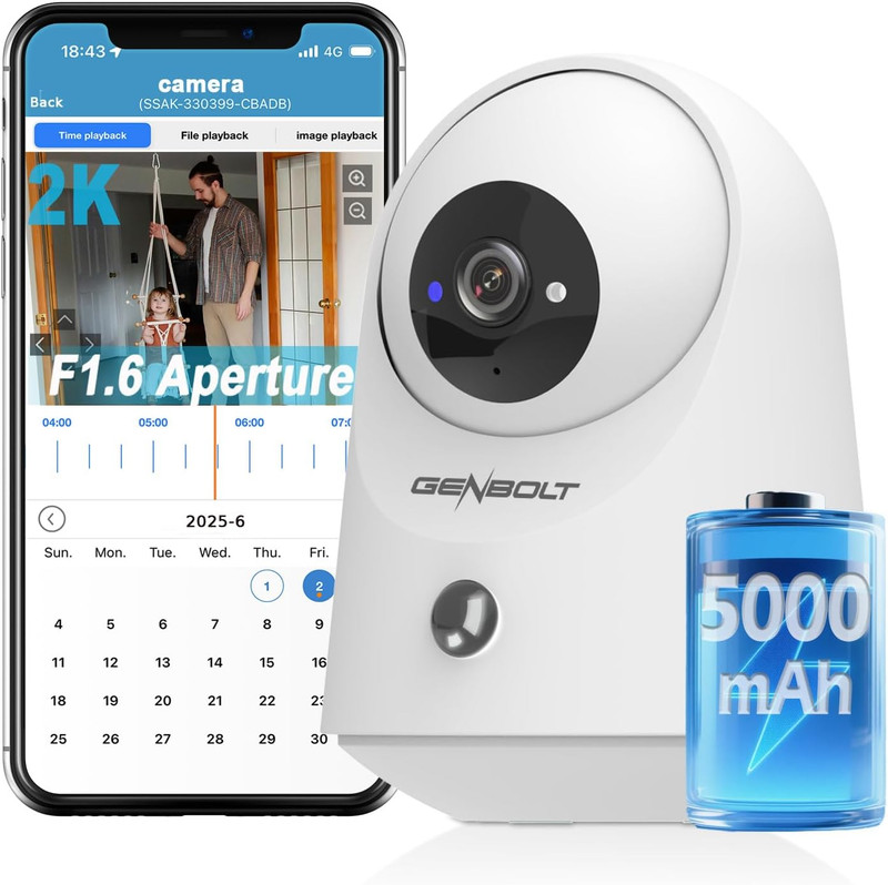 2K Wireless Indoor Security Camera with Pan Tilt, 5000mAh Battery, PIR Detection