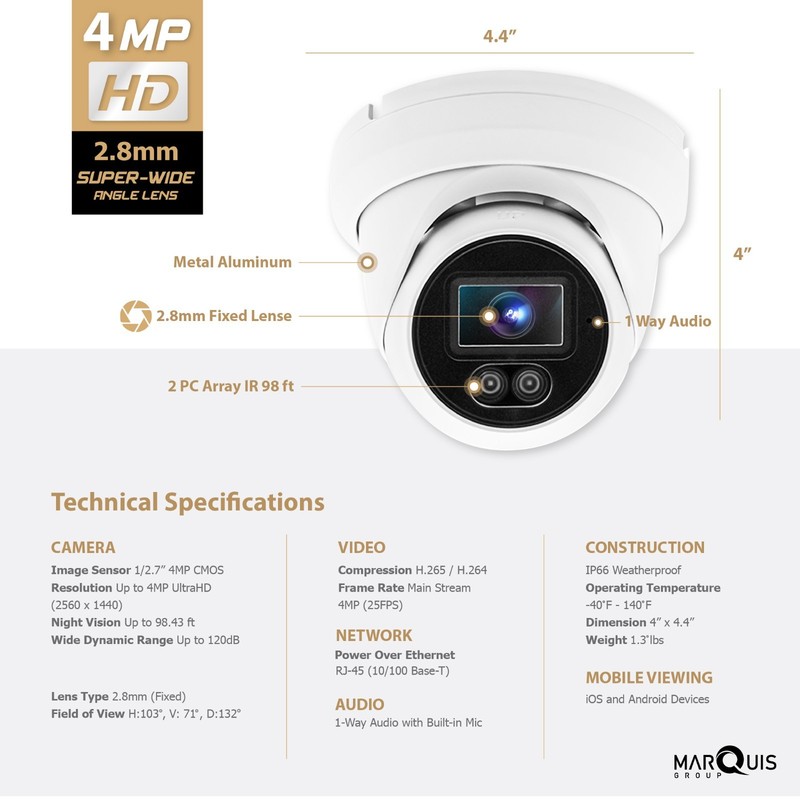 Marquis/Universal Compatible 4MP IR PoE Mini Turret IP Camera with Audio 2.8mm gallery