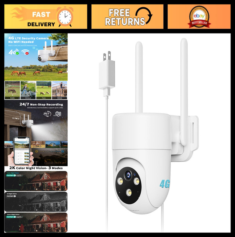 Wired Cellular Security Camera, No WiFi Needed, Indoor, White, 1 Pack, 4G LTE