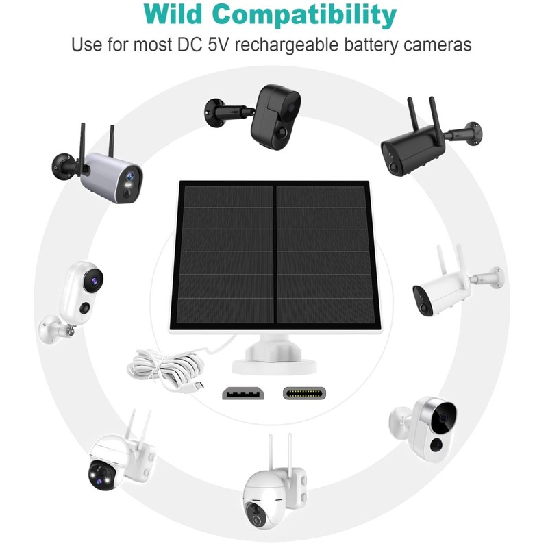 Solar Panel for Security Camera, 5W USB-C & Micro USB Ports
