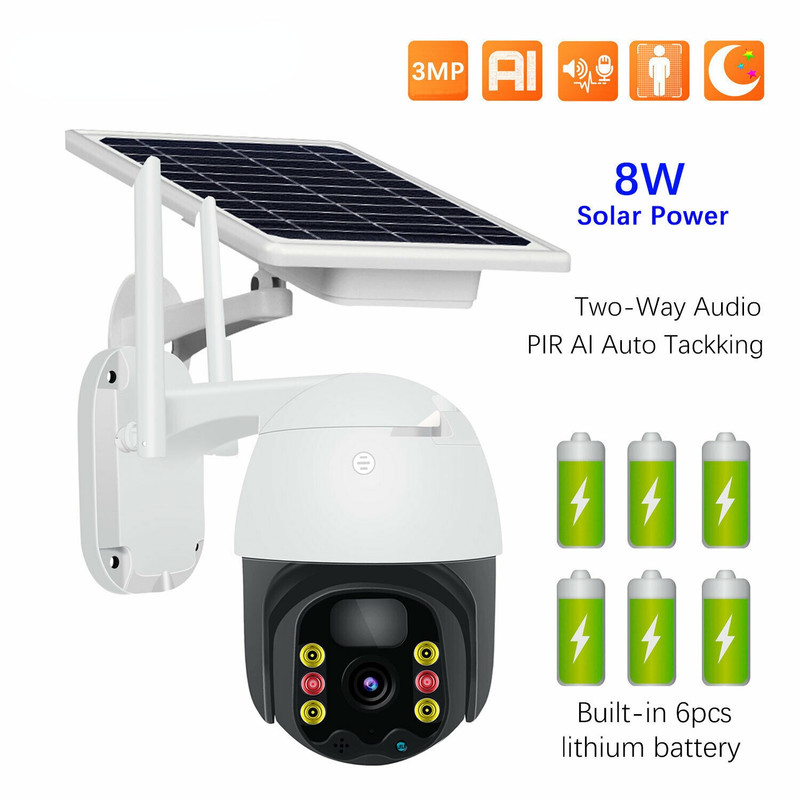 Solar Powered 3MP WIFI Wireless Security HD Camera Outdoor PTZ Built-in Battery