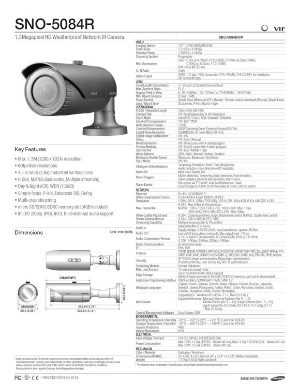 Samsung SNO-5084RN Outdoor Network Bullet Camera, Gray, 1.3MP IR, 3-8.5mm Lens gallery