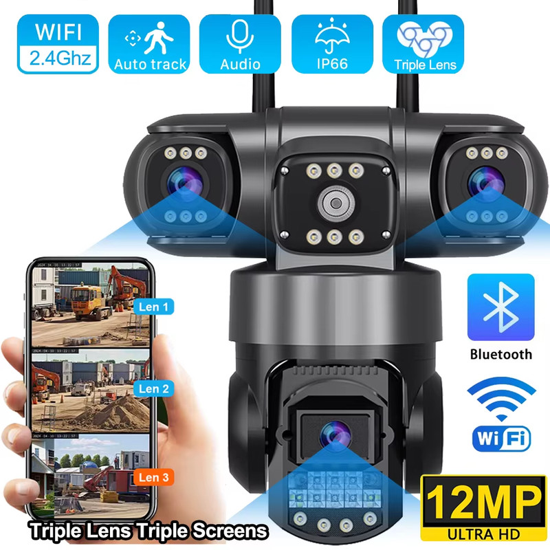 Pro Wifi IP Camera Outdoor 12MP 6K Triple Lenses Triple Screens Security Video M gallery