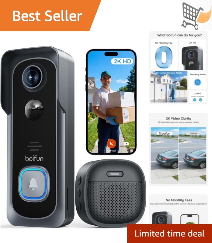 Wireless Video Doorbell Camera 2K HD Night Vision Motion Alerts Two‑Way Audio
