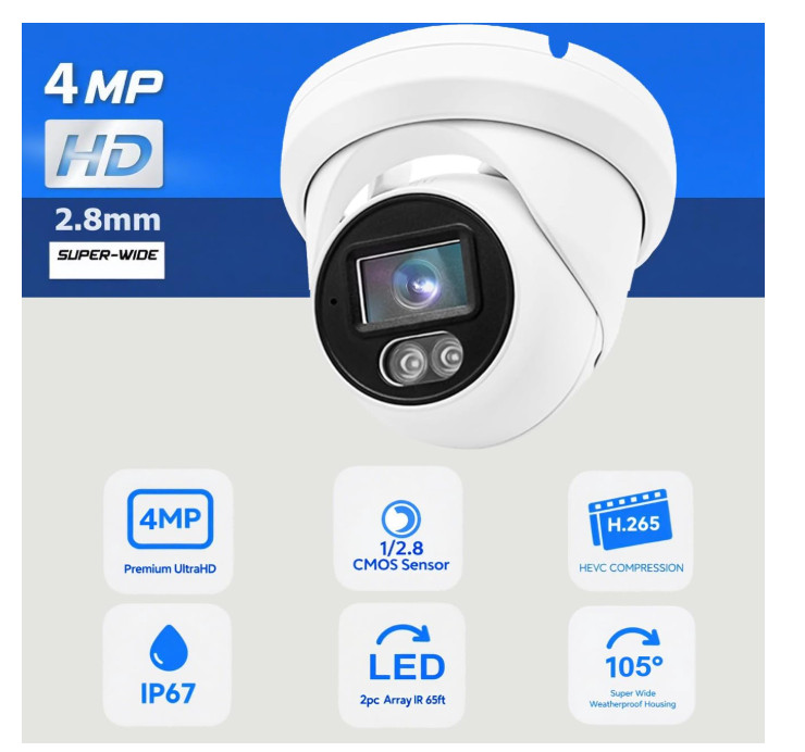 4MP PoE IP Turret Dome Camera 2.8mm Full Color w/ Audio IPC-Y4T28A-C gallery