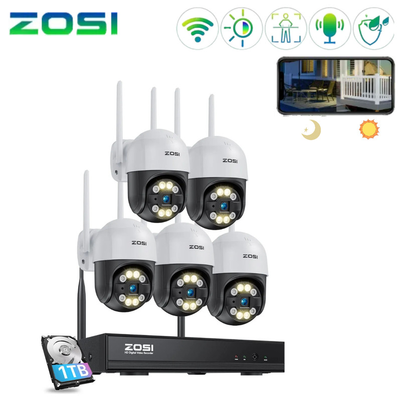ZOSI 8CH 3MP Home Wireless PT Security Camera system 2K NVR CCTV Audio AI Detect