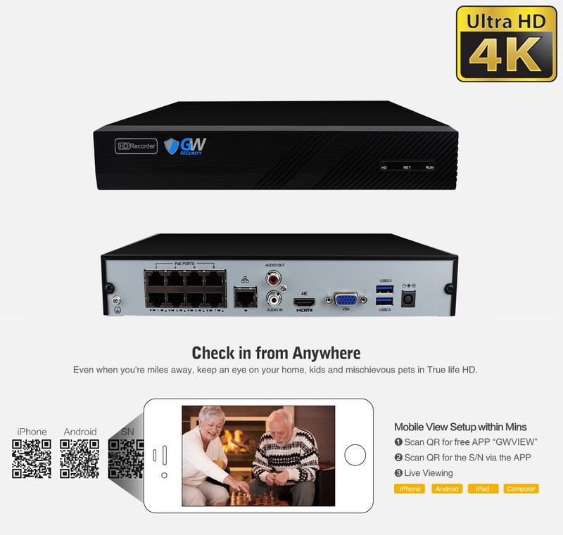 GW 8 Channel 8MP 4K NVR 4 X 5MP 1920P PoE IP Outdoor Home Security Camera System gallery