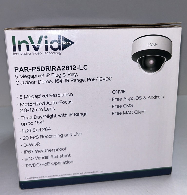InVid Tech PAR-P5DRIRA2812-LC Outdoor IP 5 Megapixel Dome Camera 164’ IR Range gallery