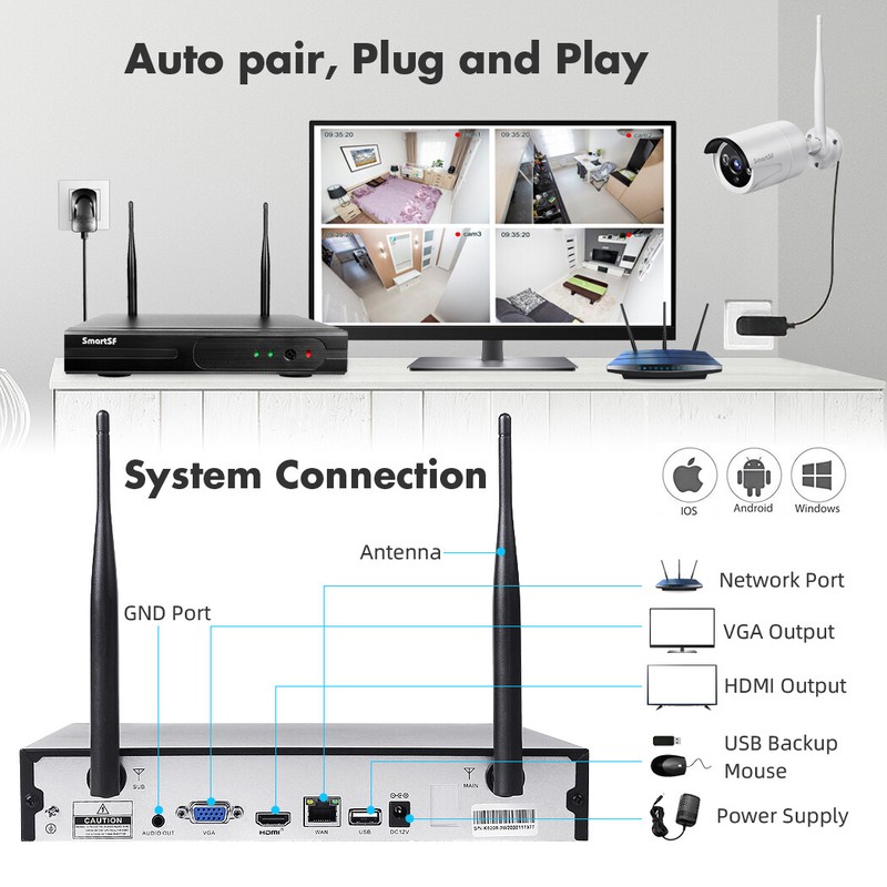 SmartSF 8CH Full HD NVR 2MP Video Audio Outdoor IR Wireless IP Security System gallery
