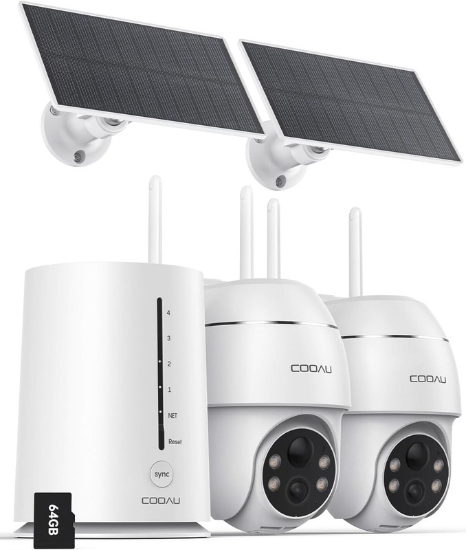 COOAU 4MP Solar Security Cameras Wireless Outdoor, 2 Cam-Kit, Color Night Vision