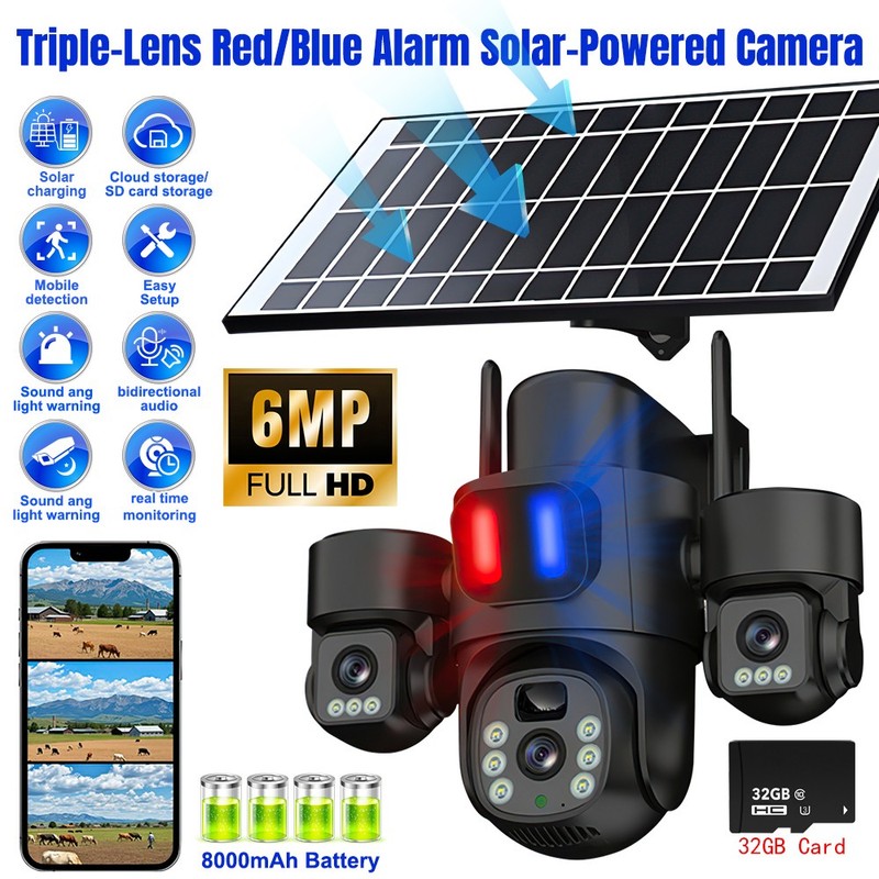 6MP Solar Security Camera Wireless Outdoor Triple Lens WiFi Home CCTV 3-Camera