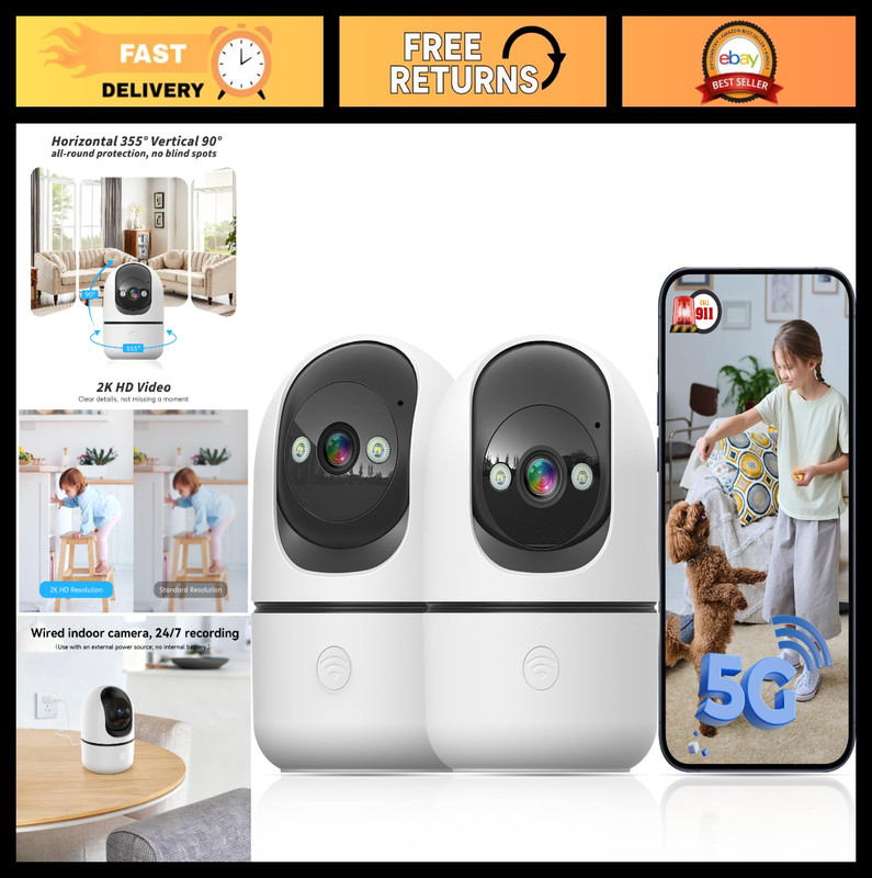 Indoor Security Camera 5G/2.4G WiFi 360° Pan/Tilt, AI Motion Detection, Night Vi