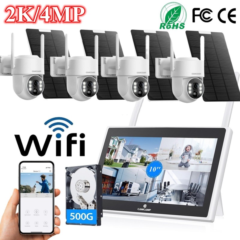 CAMCAMP 4MP Wireless Home Security Camera System Solar IP Cameras 10” Monitor