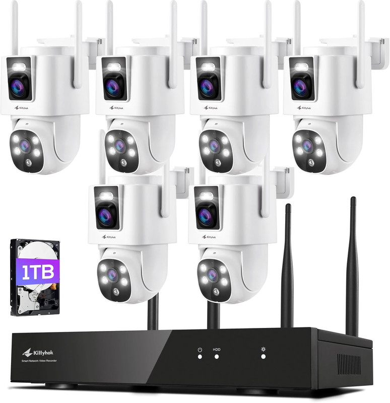 Dual Lens Wireless Security Camera System, 6Pcs 2K Outdoor Camera with 2.4/5Ghz