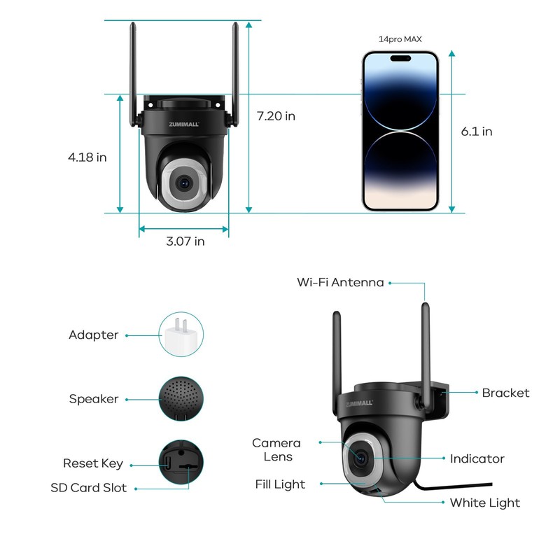 ZUMIMALL 5MP Wired Outdoor Home Security Camera 2.4G/5GHz WiFi, 24/7 Recording gallery